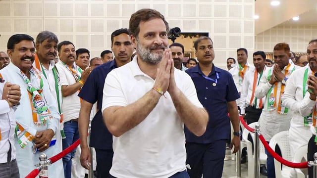 Congress leader Rahul Gandhi during a meeting with party's Block Presidents at Gujarat Pradesh Congress Committee office in Ahmedabad on March 8.