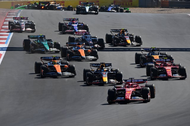 Charles Leclerc of Monaco driving the (16) Ferrari SF-24 leads Max Verstappen of the Netherlands driving the (1) Oracle Red Bull Racing RB20 on track during the F1 Grand Prix of United States at Circuit of The Americas on October 20, 2024 in Austin, Texas.