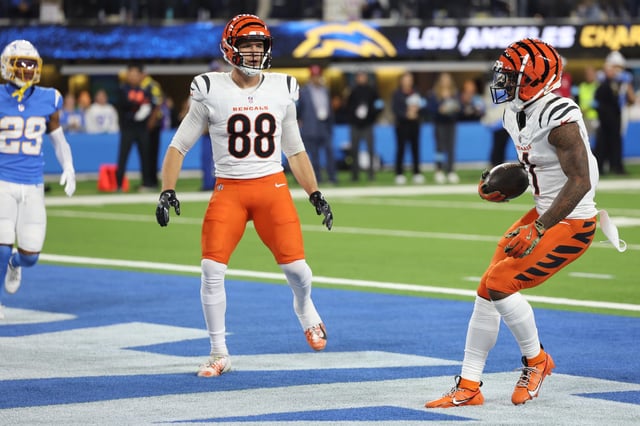 INGLEWOOD, CALIFORNIA - NOVEMBER 17: Ja&#39;Marr Chase #1 of the Cincinnati Bengals celebrates after his touchdown reception against the Los Angeles Chargers during the third quarter at SoFi Stadium on November 17, 2024 in Inglewood, California.