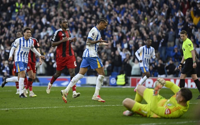 Soccer Football - Premier League - Brighton & Hove Albion v Fulham - The American Express Community Stadium, Brighton, Britain - March 8, 2025  Brighton & Hove Albion's Joao Pedro celebrates scoring their second goal REUTERS/Tony O Brien
