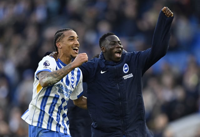 Soccer Football - Premier League - Brighton & Hove Albion v Fulham - The American Express Community Stadium, Brighton, Britain - March 8, 2025  Brighton & Hove Albion's Joao Pedro celebrates after the match with Yankuba Minteh REUTERS/Tony O Brien