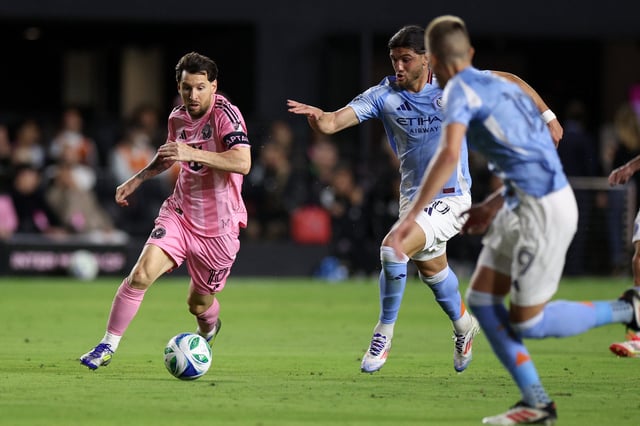 Inter Miami CF forward Lionel Messi (10) dribbles against New York City FC in 2025 MLS regular season play.