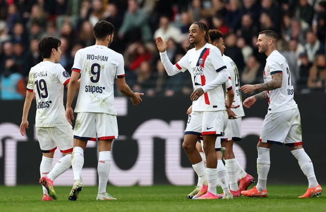 Soccer Football - Ligue 1 - Stade Rennes v Paris St Germain - Roazhon Park, Rennes, France - March 8, 2025 Paris St Germain's Goncalo Ramos celebrates scoring their second goal with Bradley Barcola REUTERS/Stephane Mahe