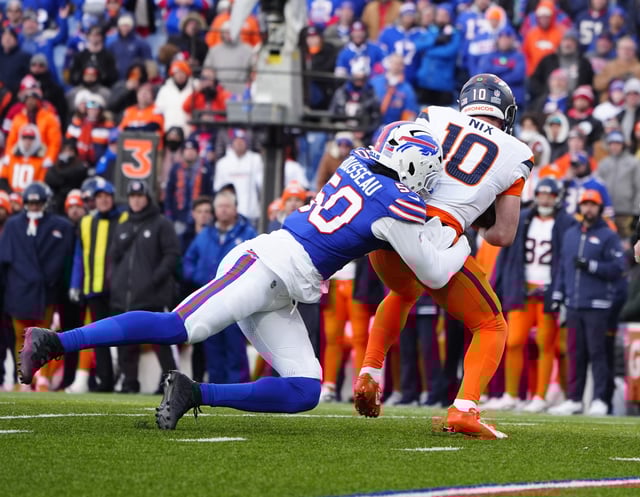 Jan 12, 2025; Orchard Park, New York, USA; Buffalo Bills defensive end Greg Rousseau (50) sacks Denver Broncos quarterback Bo Nix (10) during the fourth quarter in an AFC wild card game at Highmark Stadium. Gregory Fisher-Imagn Images/File Photo