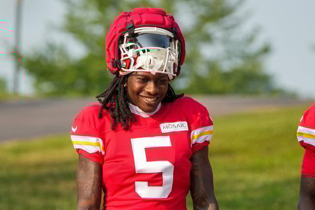Jul 26, 2024; Kansas City, MO, USA; Kansas City Chiefs wide receiver Marquise ÒHollywoodÓ  Brown (5) walks down the hill from the locker room to the fields during training camp at Missouri Western State University. Denny Medley-USA TODAY Sports/File Photo