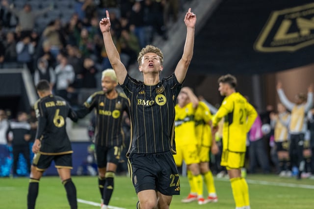 Nathan Ordaz #27 of Los Angeles FC celebrates his goal during the first second of the 2025 Concacaf Champions Cup match against Columbus Crew at BMO Stadium on March 4, 2025 in Los Angeles, California. Los Angeles FC won the match 3-0