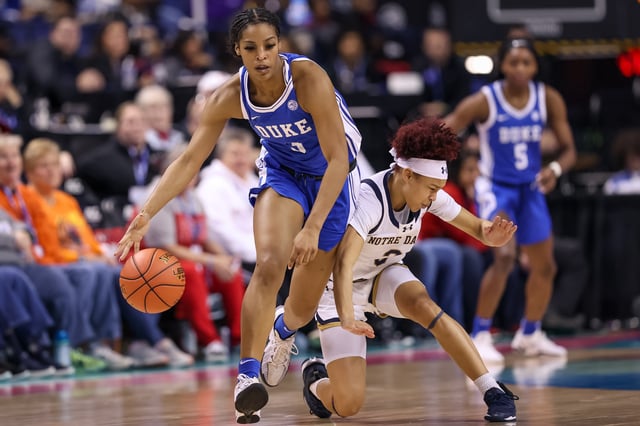 Mar 8, 2025; Greensboro, NC, USA; Duke Blue Devils guard Ashlon Jackson (3) drives the ball past Notre Dame Fighting Irish guard Hannah Hidalgo (3) during the third quarter at First Horizon Coliseum. Cory Knowlton-Imagn Images