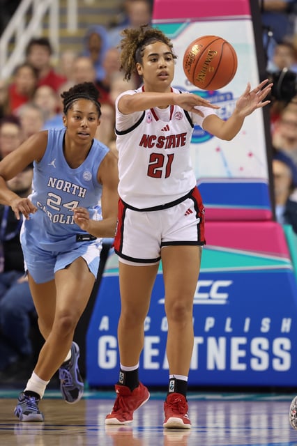 Mar 8, 2025; Greensboro, NC, USA; NC State Wolfpack guard Madison Hayes (21) passes the ball around North Carolina Tar Heels guard Indya Nivar (24) during the third quarter at First Horizon Coliseum. Cory Knowlton-Imagn Images
