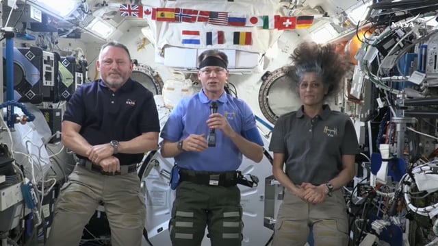 From left to right, Butch Wilmore, Nick Hague and Suni Williams appear Tuesday for a media conference before the three join Russian cosmonaut Aleksandr Gorbunov for a return voyage to Earth.