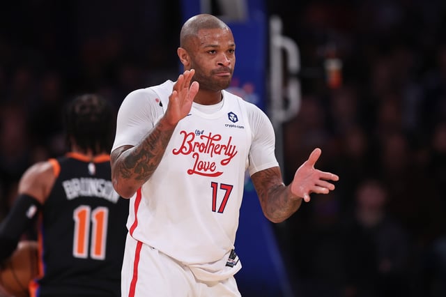 P.J. Tucker #17 of the Philadelphia 76ers reacts after committing a foul during the first quarter of the game against the New York Knicks at Madison Square Garden on December 25, 2022 in New York City.