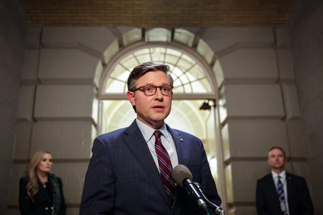 U.S. House Speaker Mike Johnson (R-LA) speaks to reporters as he leaves a meeting between Elon Musk and House Republicans on Capitol Hill on March 5, 2025 in Washington, DC.