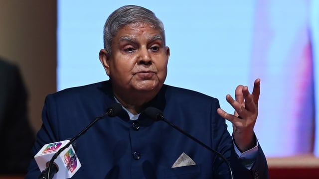 Vice-President of India Jagdeep Dhankhar speaks during the closing ceremony of 150th Advent Commemoration of Gaudiya Mission's founder Acharya Srila Prabhupad.