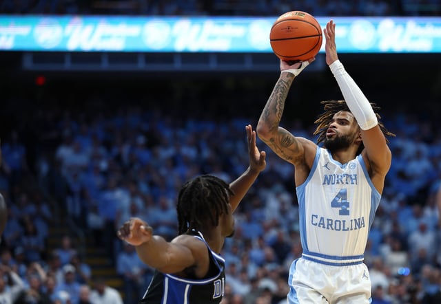 North Carolina's RJ Davis attempts a jump shot during the second half against Duke.