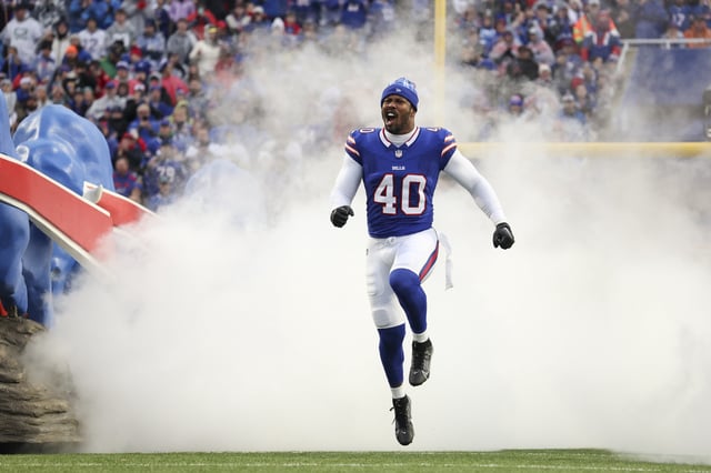 ORCHARD PARK, NEW YORK - DECEMBER 29: Von Miller #40 of the Buffalo Bills takes the field prior to a game against the New York Jets at Highmark Stadium on December 29, 2024 in Orchard Park, New York.