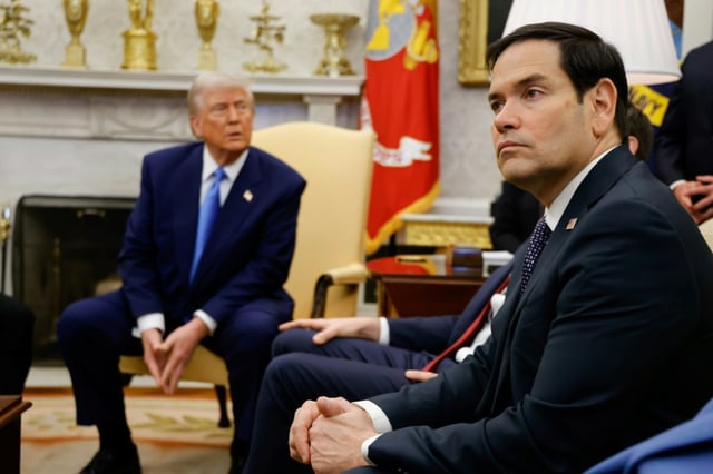 US Secretary of State Marco Rubio looks on as US President Donald Trump meets with French President Emmanuel Macron in the Oval Office on February 24, 2025