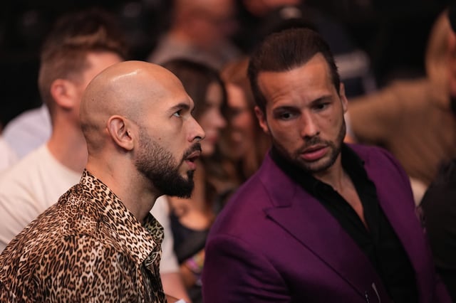 Andrew Tate, left, and Tristan Tate attends a UFC 313 mixed martial arts event Saturday, March 8, 2025, in Las Vegas.