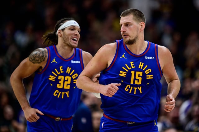 DENVER, COLORADO - NOVEMBER 02: Nikola Jokic #15 and Aaron Gordon #32 of the Denver Nuggets celebrate a shot in the second half against the Utah Jazz at Ball Arena on November 2, 2024, 2024 in Denver, Colorado.