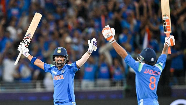 India's KL Rahul and Ravindra Jadeja celebrate their victory