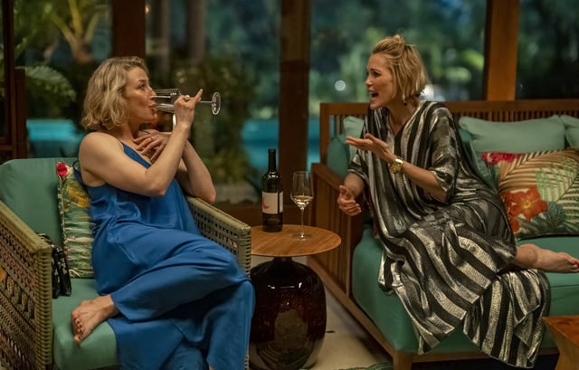Carrie Coon as Laurie and Leslie Bibb as Kate in season 3 of "The White Lotus."