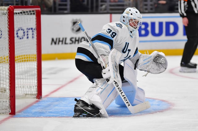 Feb 22, 2025; Los Angeles, California, USA; Utah Hockey Club goaltender Connor Ingram (39) defends the goal against the Los Angeles Kings during the second period  at Crypto.com Arena. Gary A. Vasquez-Imagn Images/File Photo