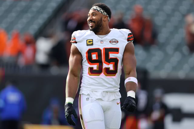 Dec 22, 2024; Cincinnati, Ohio, USA; Cleveland Browns defensive end Myles Garrett (95) warms up before a game against the Cincinnati Bengals at Paycor Stadium.