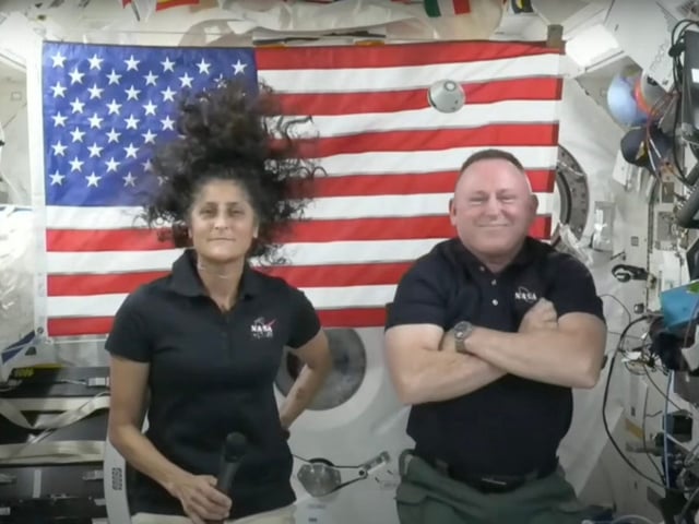 Suni Williams (left) and Butch Wilmore (right) on a call with journalists from the International Space Station.
