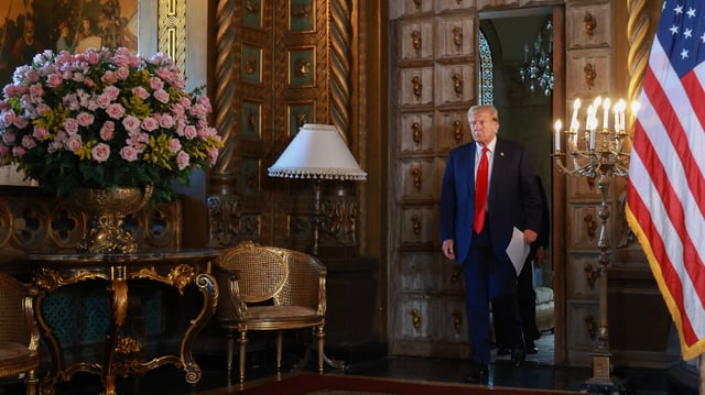 Donald Trump arrives for a press conference with Speaker of the House Mike Johnson (R-LA) at Mr. Trump&#39;s Mar-a-Lago estate on April 12, 2024, in Palm Beach, Florida.