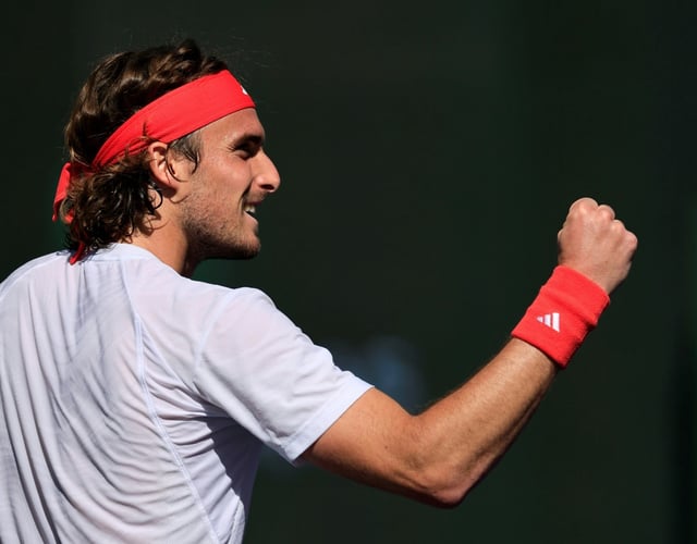 Stefanos Tsitsipas of Greece celebrates match point in a straight set win over Matteo Berrettini at Indian Wells