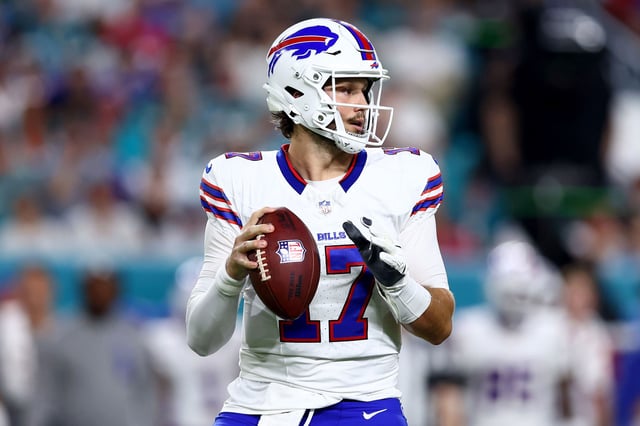 MIAMI GARDENS, FLORIDA - SEPTEMBER 12: Josh Allen #17 of the Buffalo Bills looks to throw a pass against the Miami Dolphins during the first quarter in the game at Hard Rock Stadium on September 12, 2024 in Miami Gardens, Florida. (Photo by Megan Briggs/Getty Images)