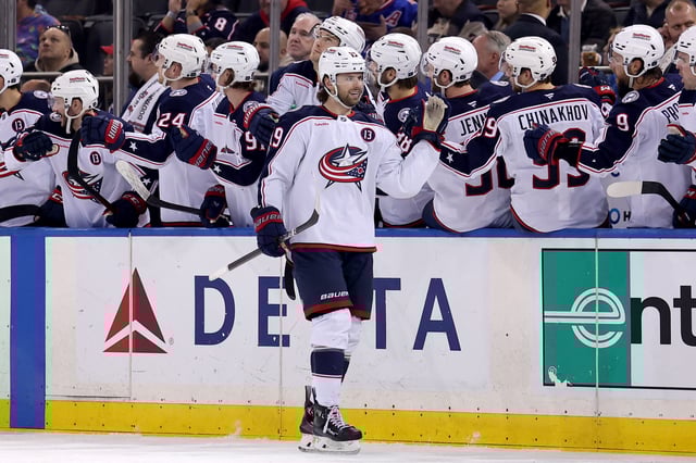 Mar 9, 2025; New York, New York, USA; Columbus Blue Jackets center Adam Fantilli (19) celebrates his goal against the New York Rangers with teammates during the second period at Madison Square Garden. Mandatory Credit: Brad Penner-Imagn Images