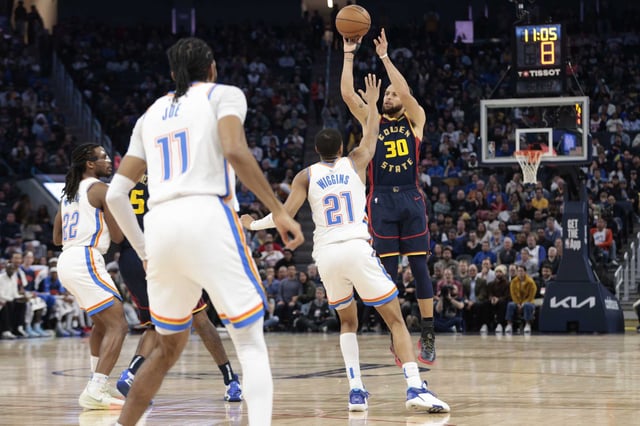 Warriors guard Stephen Curry scores a 3-pointer against Oklahoma City Thunder guard Aaron Wiggins in the fourth quarter on Jan. 29 at Chase Center.
