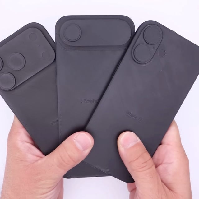From left to right: iPhone 17 Pro, iPhone 17 Air, and iPhone 17 dummy units.