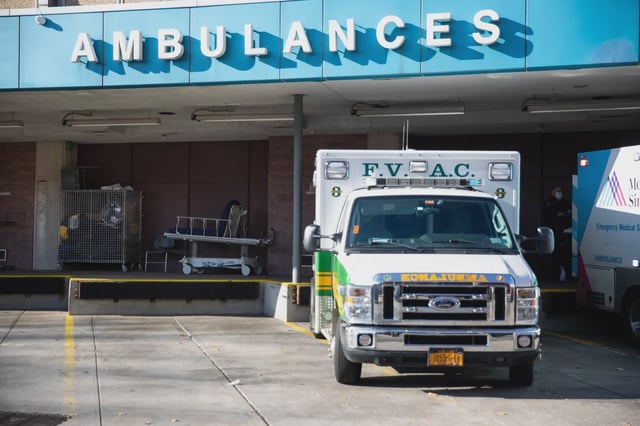 An ambulance is parked outside SUNY Downstate Medical Center in East Flatbush on Dec. 3, 2020.