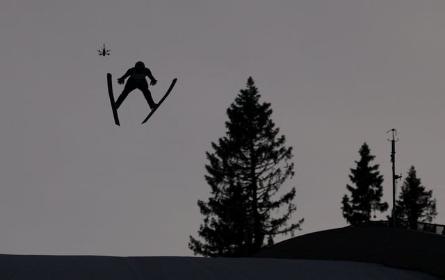 Norway's Marius Lindvik during the men's large hill first round of the FIS Nordic World Ski Championships in Trondheim, Norway, on March 8, 2025.
