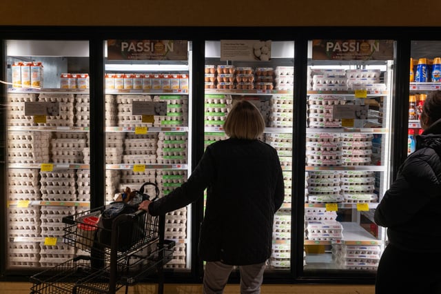 Eggs are displayed for sale in a Manhattan grocery store on February 25, 2025, in New York City.