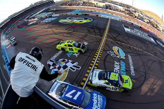 Aric Almirola, driver of the #19 Younglife Toyota, takes the checkered flag to win the NASCAR Xfinity Series GOVX 200 at Phoenix Raceway on March 08, 2025 in Avondale, Arizona.