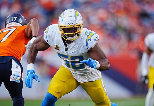 Oct 13, 2024; Denver, Colorado, USA; Los Angeles Chargers linebacker Khalil Mack (52) during the second half against the Denver Broncos at Empower Field at Mile High. Mandatory Credit: Ron Chenoy-Imagn Images/File Photo