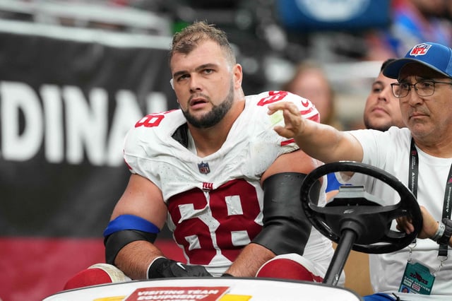 Sep 17, 2023; Glendale, Arizona, USA; New York Giants guard Ben Bredeson (68) is carted off the field against the Arizona Cardinals during the second half at State Farm Stadium. Mandatory Credit: Joe Camporeale-USA TODAY Sports/File Photo