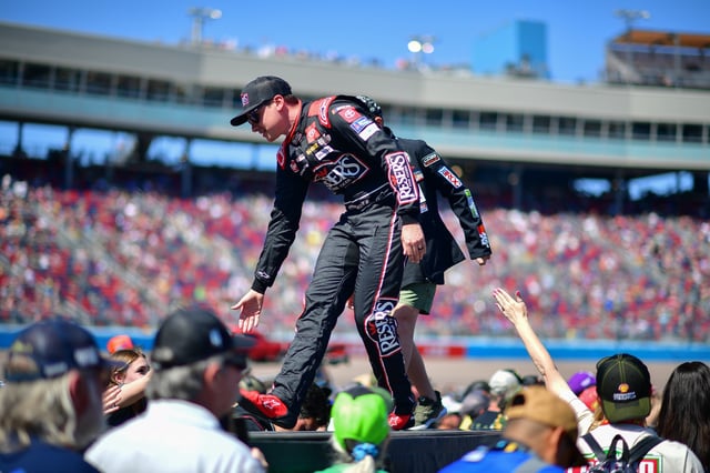 Mar 9, 2025; Avondale, Arizona, USA; NASCAR Cup Series driver Christopher Bell (20) during introductions for the Shriners Children’s 500 at Phoenix Raceway. Mandatory Credit: Gary A. Vasquez-Imagn Images/File Photo