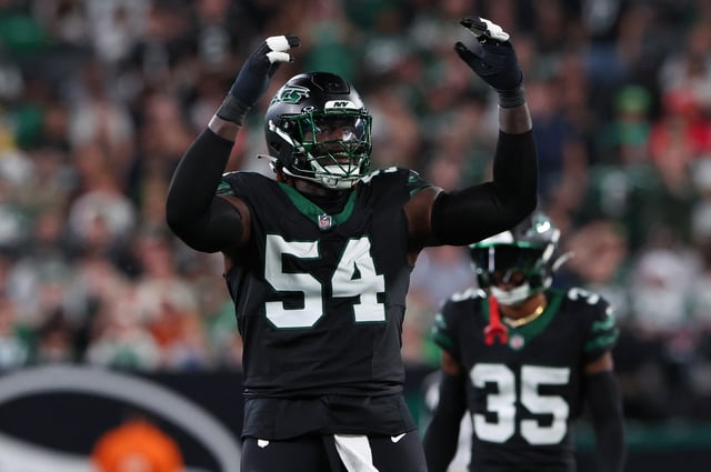 Oct 31, 2024; East Rutherford, New Jersey, USA; New York Jets defensive tackle Javon Kinlaw (54) reacts during the first half of their game against the Houston Texans at MetLife Stadium. Mandatory Credit: Ed Mulholland-Imagn Images/File Photo