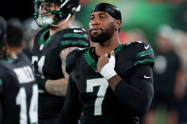 Oct 31, 2024; East Rutherford, New Jersey, USA; New York Jets defensive end Haason Reddick (7) on the sidelines during the first quarter against the Houston Texans at MetLife Stadium. Mandatory Credit: Brad Penner-Imagn Images/FIle Photo