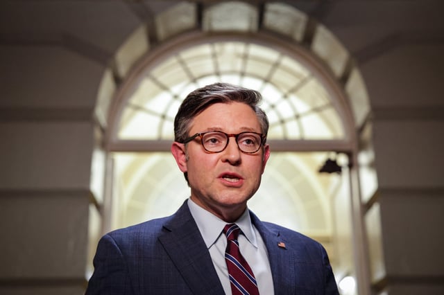 House Speaker Mike Johnson, who has introduced a bill aimed at averting a government shutdown, speaks to reporters on March 5, 2025 in Washington, D.C.