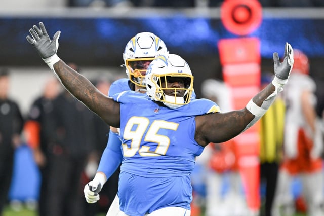 Chargers defensive lineman Poona Ford celebrates a sack of Bengals QB Joe Burrow during second quarter action at SoFi Stadium on Sunday, Nov. 17, 2024.  (Photo by David Crane, Los Angeles Daily News/SCNG)