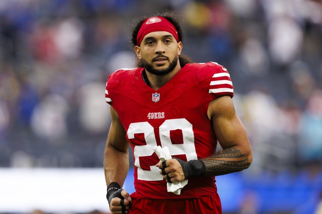 INGLEWOOD, CALIFORNIA - SEPTEMBER 22: Talanoa Hufanga #29 of the San Francisco 49ers walks off the field after a game against the Los Angeles Rams at SoFi Stadium on September 22, 2024 in Inglewood, California.
