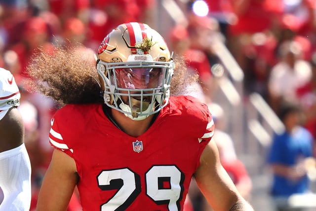 Oct 6, 2024; Santa Clara, California, USA; San Francisco 49ers safety Talanoa Hufanga (29) with grass in his helmet after a play against the Arizona Cardinals during the first quarter at Levi's Stadium. Mandatory Credit: Kelley L Cox-Imagn Images./File Photo