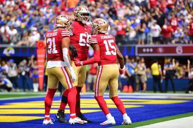 Sep 22, 2024; Inglewood, California, USA; San Francisco 49ers wide receiver Jauan Jennings (15) celebrate his touchdown scored against the Los Angeles Rams with running back Isaac Guerendo (31) and guard Aaron Banks (65) during the first half at SoFi Stadium. Mandatory Credit: Gary A. Vasquez-Imagn Images/File Photo