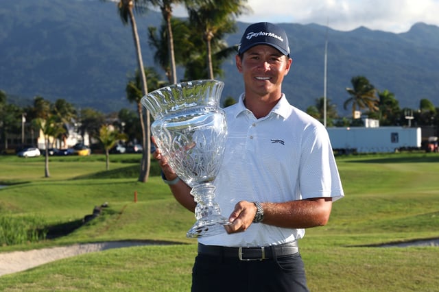 Karl Vilips of Australia poses with the winner&#39;s trophy after winning the Puerto Rico Open 2025 at Grand Reserve Golf Club on March 09, 2025 in Rio Grande, Puerto Rico.