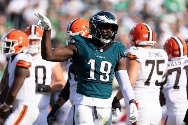 Oct 13, 2024; Philadelphia, Pennsylvania, USA; Philadelphia Eagles linebacker Josh Sweat (19) reacts after a sack during the third quarter against the Cleveland Browns at Lincoln Financial Field. Mandatory Credit: Bill Streicher-Imagn Images/File Photo