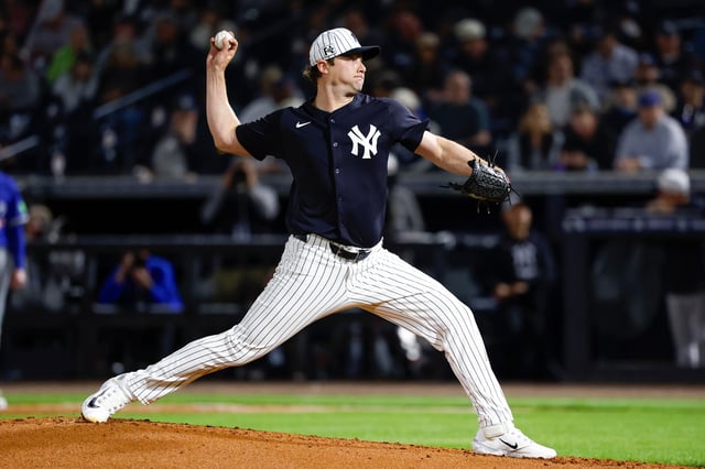 TAMPA, FLORIDA - FEBRUARY 28: Gerrit Cole #45 of the New York Yankees throws a pitch in the second inning during a spring training game against the Toronto Blue Jays at George M. Steinbrenner Field on February 28, 2025 in Tampa, Florida.