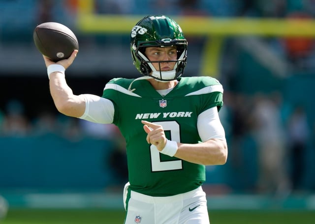New York Jets quarterback Zach Wilson (2) warms up before an NFL football game against the Miami Dolphins, Sunday, Dec. 17, 2023, in Miami Gardens, Fla. (AP Photo/Lynne Sladky)